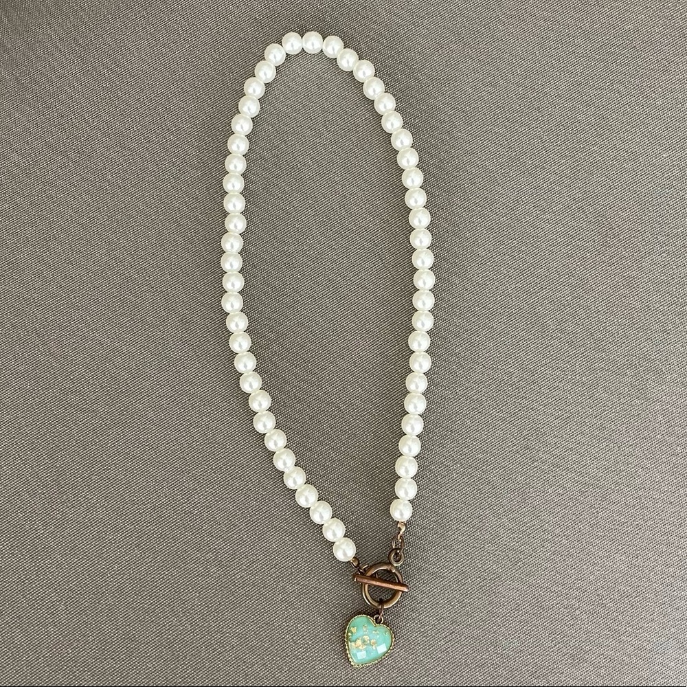 Pearl necklace with teal heart pendant